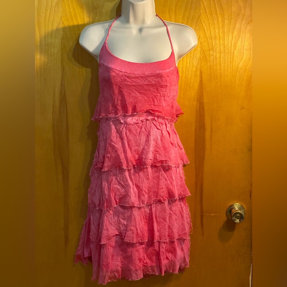 Beautiful VTG hot pink silk cami dress,ITALY, Aline,layered distressed ruffle L
